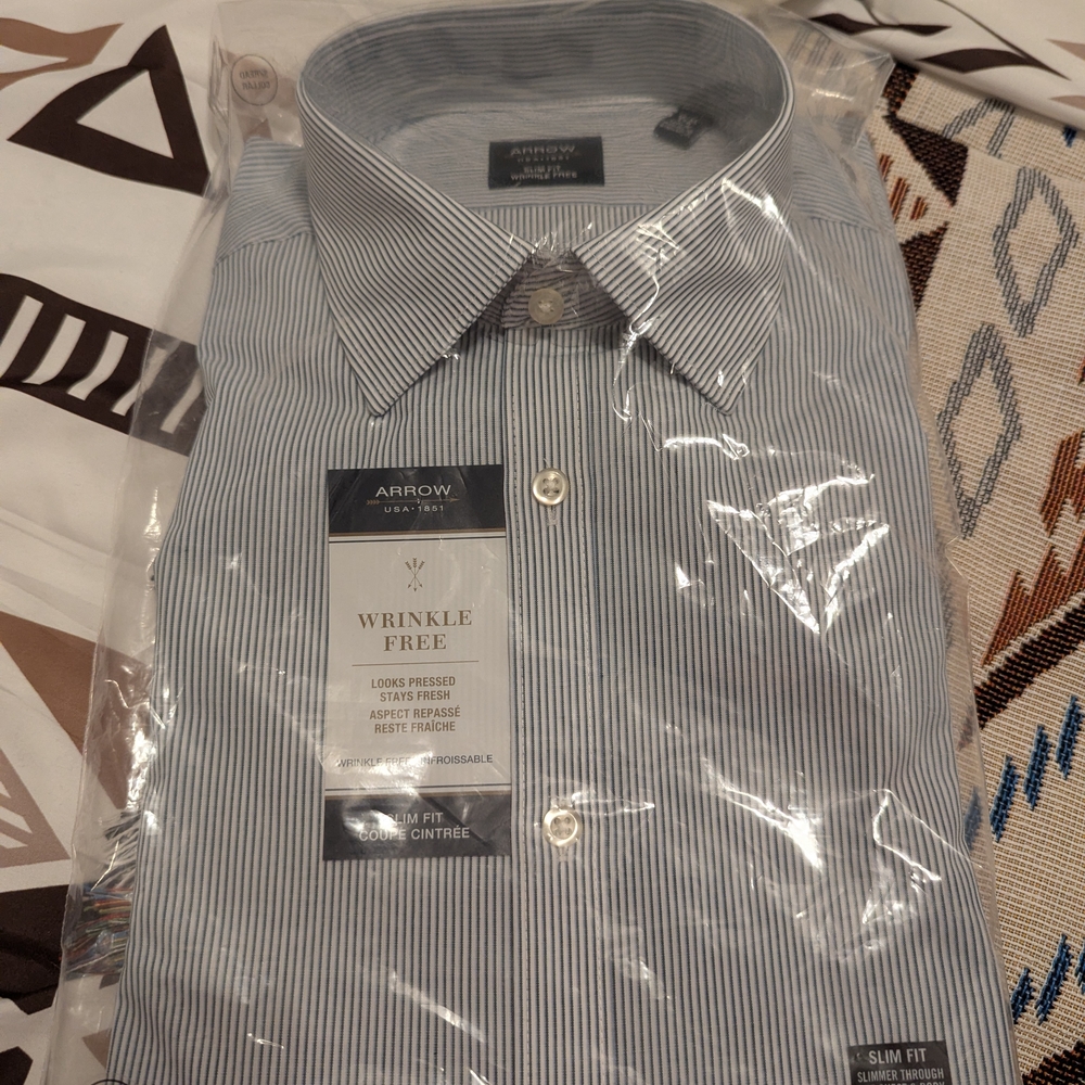 Arrow Men's Blue and White Pinstripe Dress Shirt